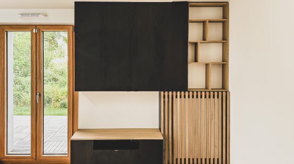 Ensemble meuble TV, caches radiateur et etageres