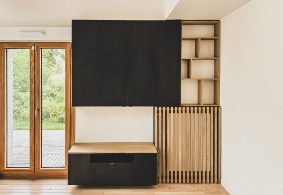 Ensemble meuble TV, caches radiateur et etageres